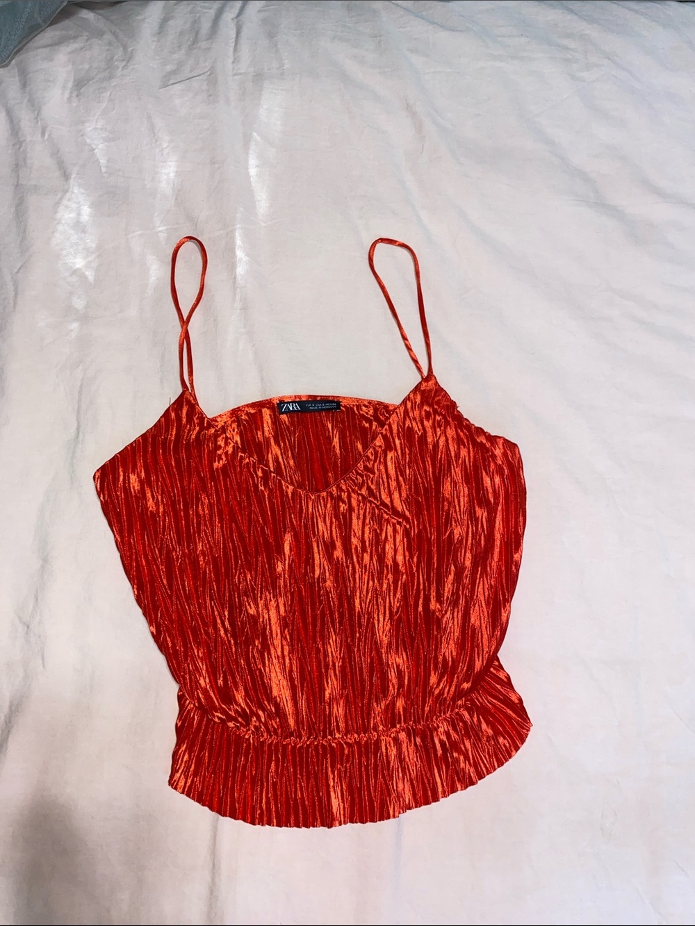 Zara Red Crinkled Satin Spaghetti Strap Cami Size S